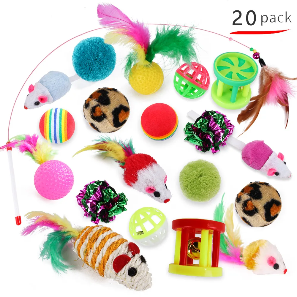 

20Pcs Cat Toys Variety Pack Kitten Toys AssortedFeather Teaser Wand Fluffy Mouse Mice Balls and Bells Toys for Cat Puppy Kitty
