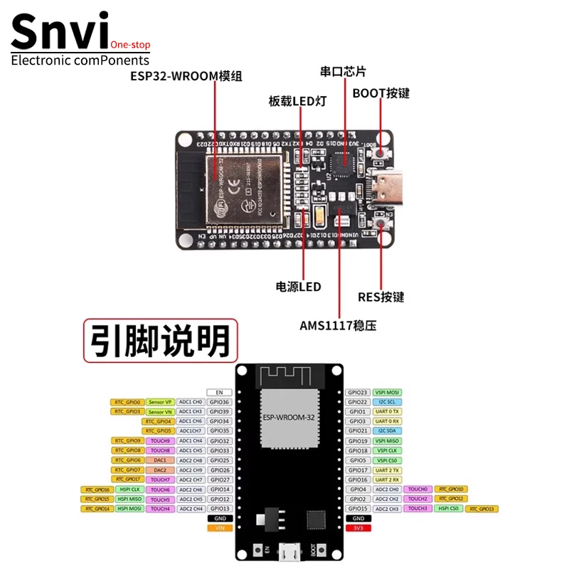 Фото Плата разработки Snvi ESP32 CP2102 TYPE-C/MICRO USB WiFi+Bluetooth со сверхнизким энергопотреблением, двухъядерный ESP-32S ESP32-WROOM №2