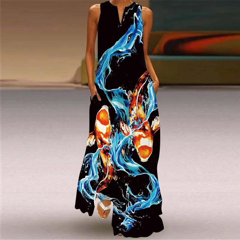 

Elegant Women's Sexy Dresses 2023 New Summer Sleeveless Loose V-Neck Print Fashion Banquet Party Maxi Dress Female Robe S-5XL