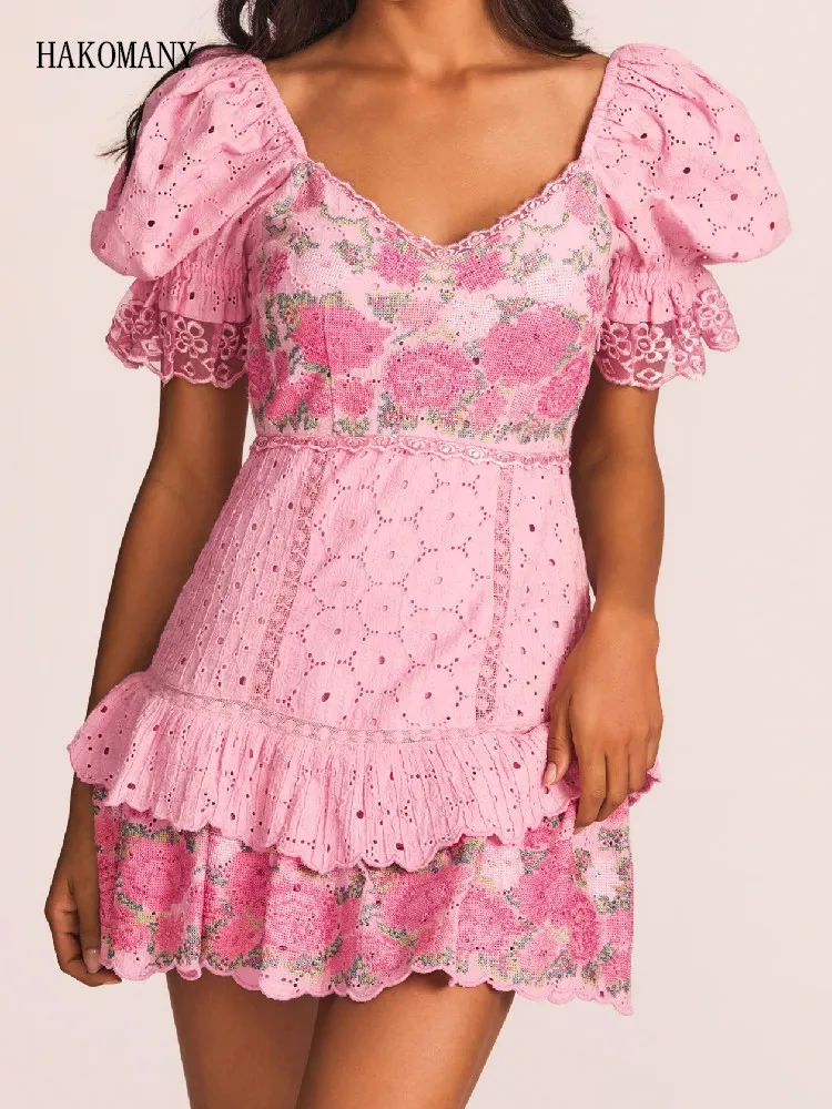 2022 Short Lantern Sleeve Party Robe Ruffles Hem Mini Vestidos Sweet Princess Embroidery Hollow Out Hole Rose Flower Mini Dress