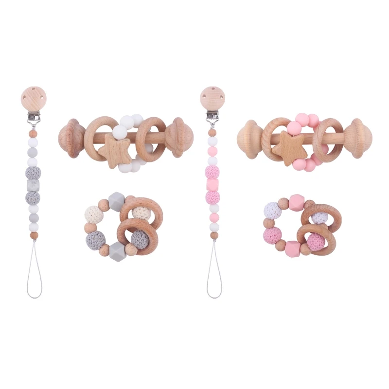 

67JC 3pcs/set Newborn Baby Girl Boy Shower Gift Infant Pacifier Clips Beech Wooden Teether Bracelet Bead Handbell