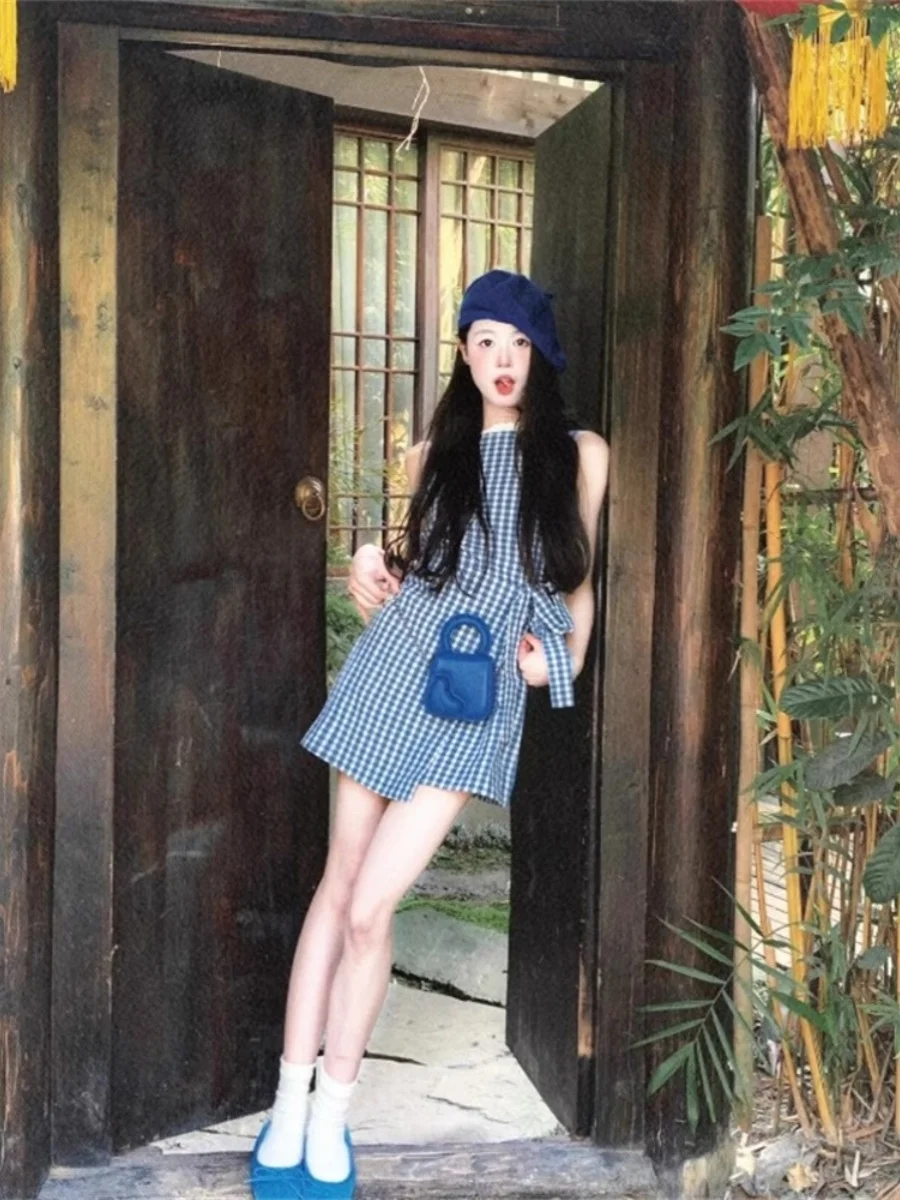 Женское клетчатое платье-жилет без рукавов облегающее маленькое приталенное