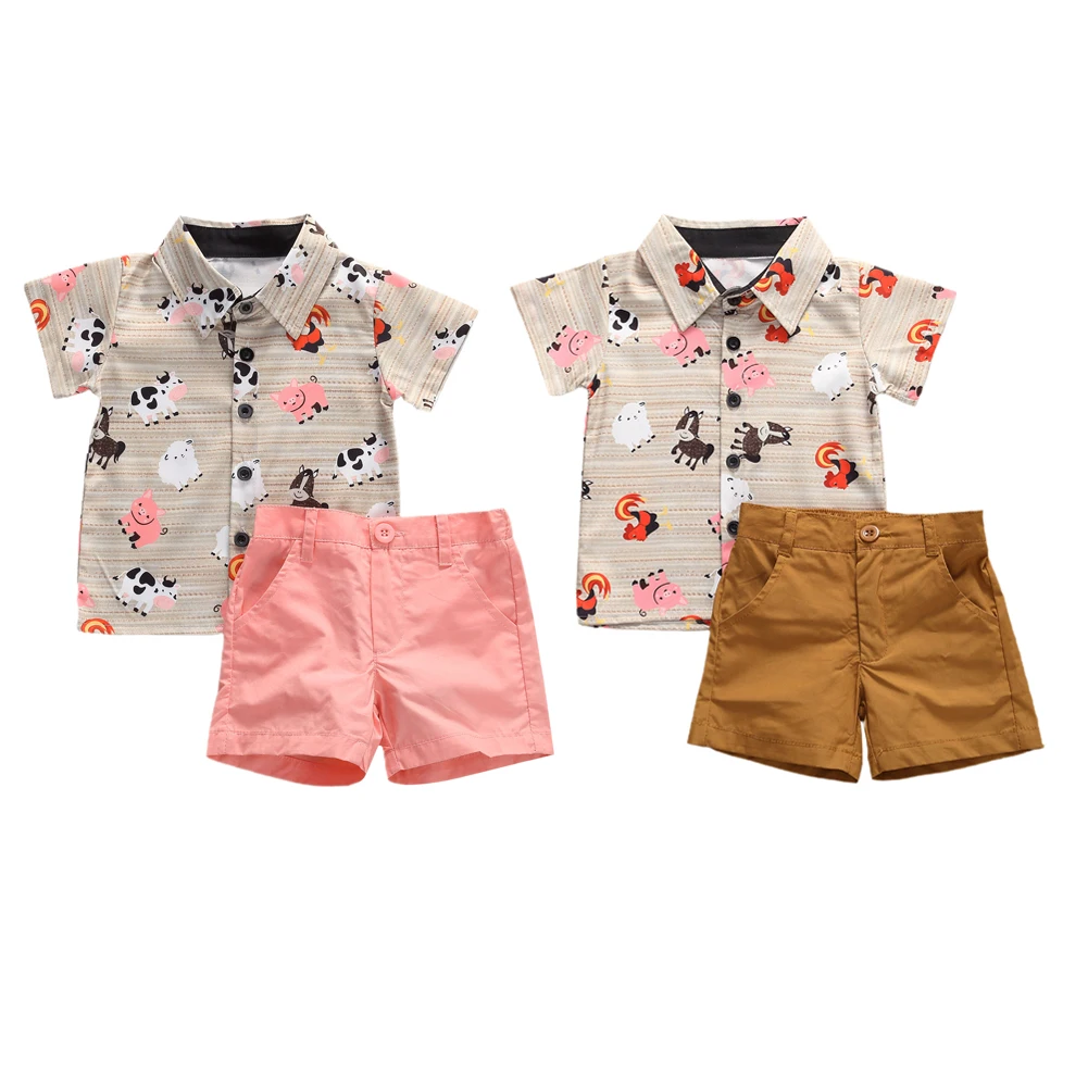 

0-5Y Summer Infant Baby Boys Clothes Sets Animal Print Gentleman Shirts Tops+Solid Shorts 2pcs