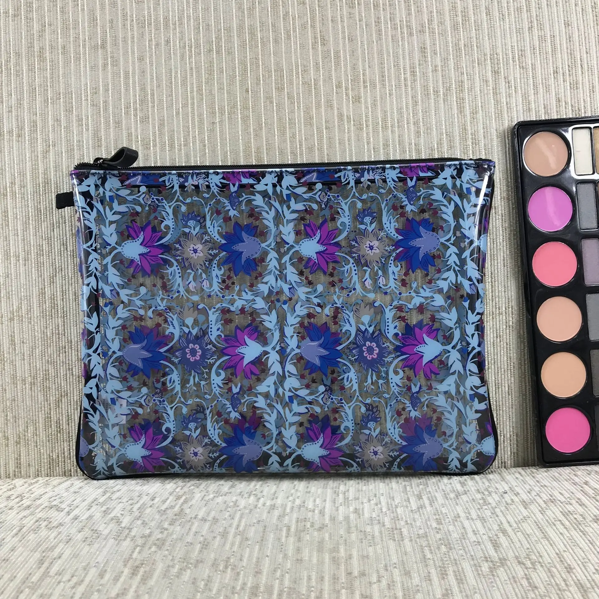 

VB Blue Floral Clutch Handbag Square Portable Pouch Bag Clear PVC Bag