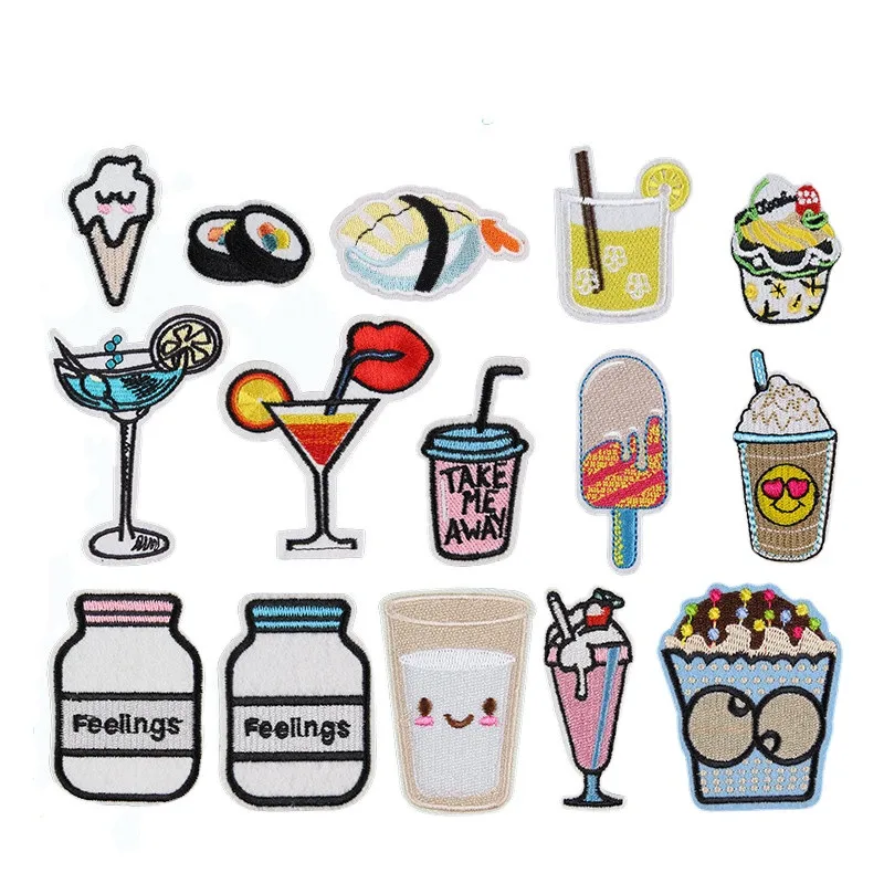 Cartoon Food Embroidery Patches Taiyaki Appliques Cold Drinks Icecream Cloth Stickers Feelings Jar Badges for Summer Tees Decor