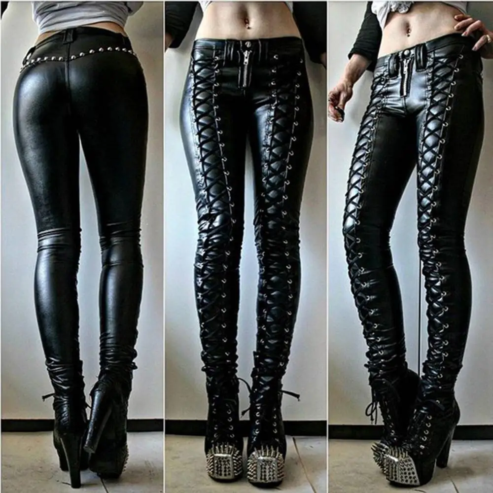 

Button Skinny Women Trousers Pants Faux Leather Steampunk Cosplay Carnival Party Joggers For Ladies