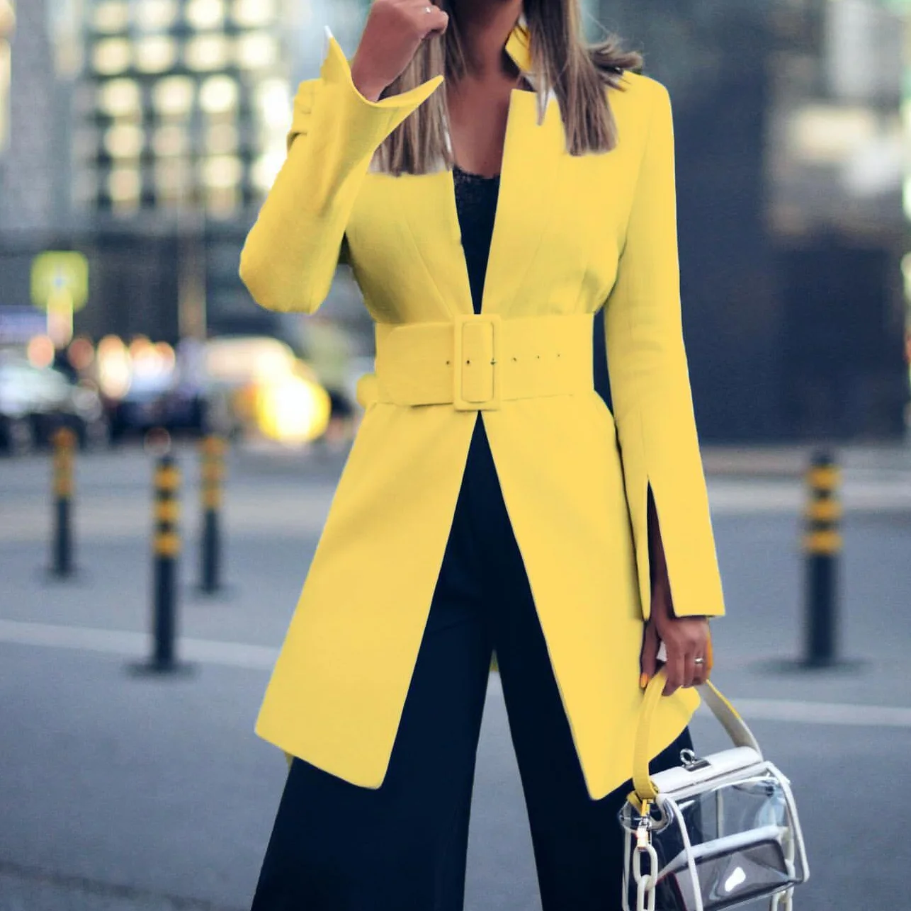 Women's Jacket Fashion Long Casual Suit Autumn Simple Stand-up Collar Female Blazer White Elegant Office Lady Coat black yellow