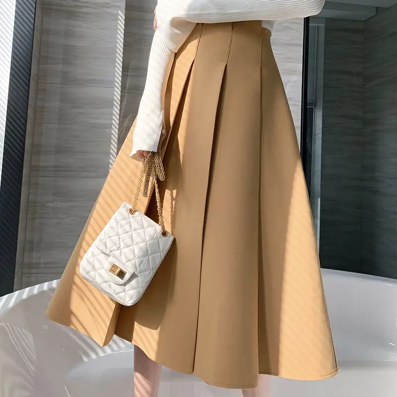 

Женская длинная Плиссированная юбка, элегантная повседневная Однотонная юбка цвета хаки, белого цвета, а-силуэта, в Корейском стиле, весна-л...