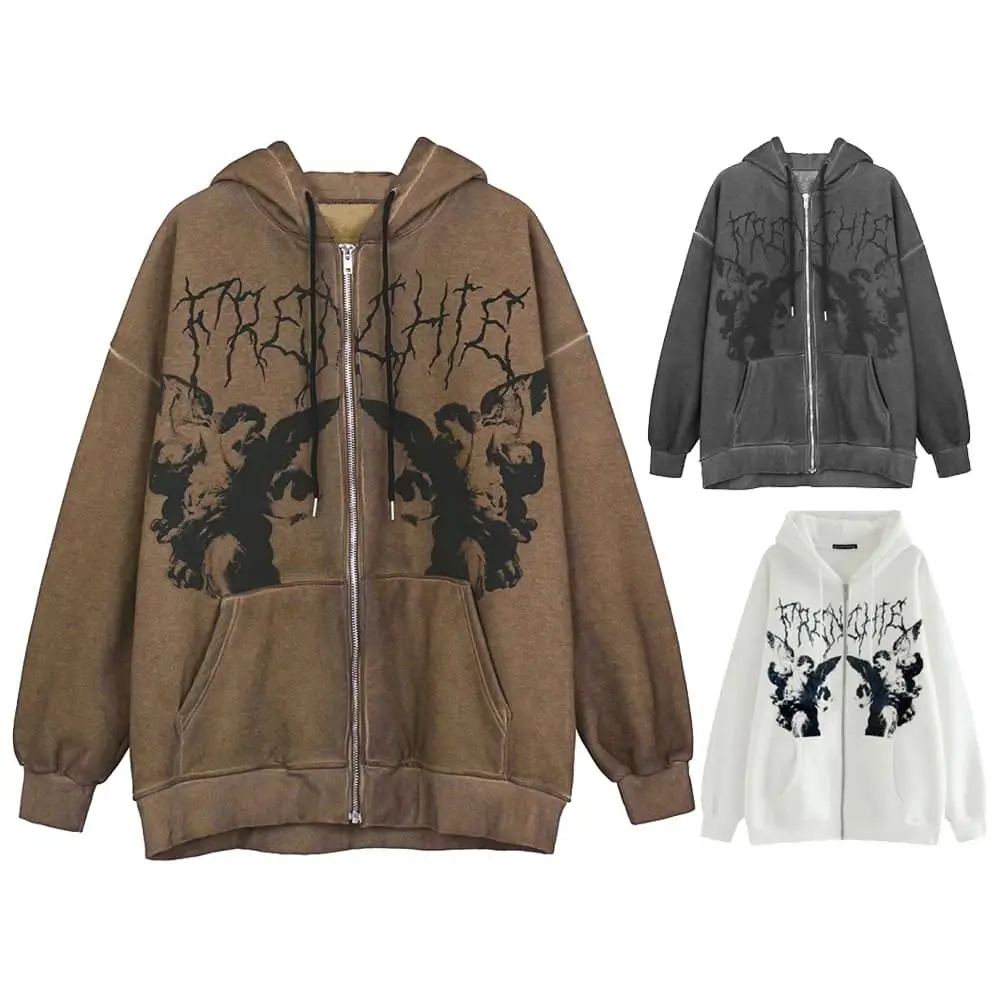 

Куртка женская на молнии с капюшоном, уличная одежда с винтажным принтом ангела, свободная верхняя одежда в стиле хип-хоп и панк, с длинным р...