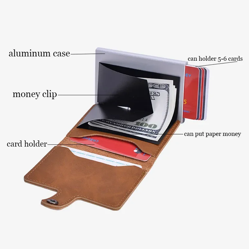 Blocking Vintage Men Credit Card Holder Aluminum Alloy ID Card Case Automatic Male Metal Leather Cardholder Wallet 2022 New