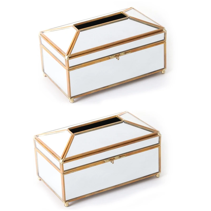 

2X Luxury European Style Practical Mirror Glass Tissue Box Waterproof Paper Towel Holder Dressing Table Tray Decor - M