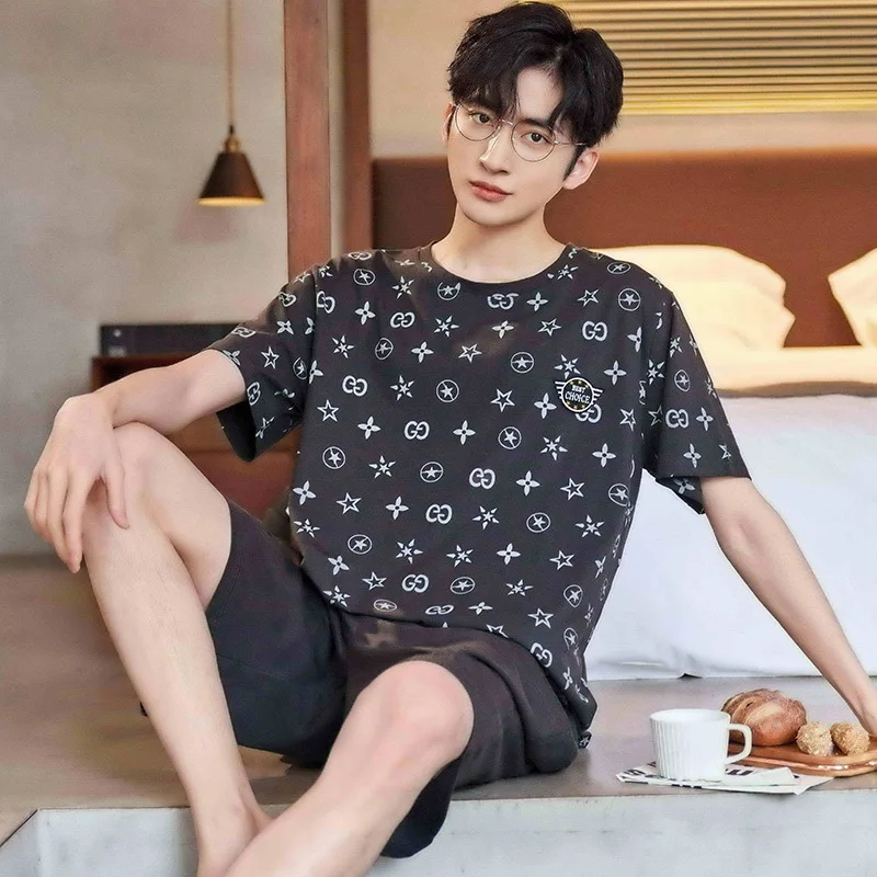 New Men Pajamas Sets Summer Thin Short-sleeved Pajama Wear Outside Home Clothes Loose Casual Comfortable Two-piece Suits