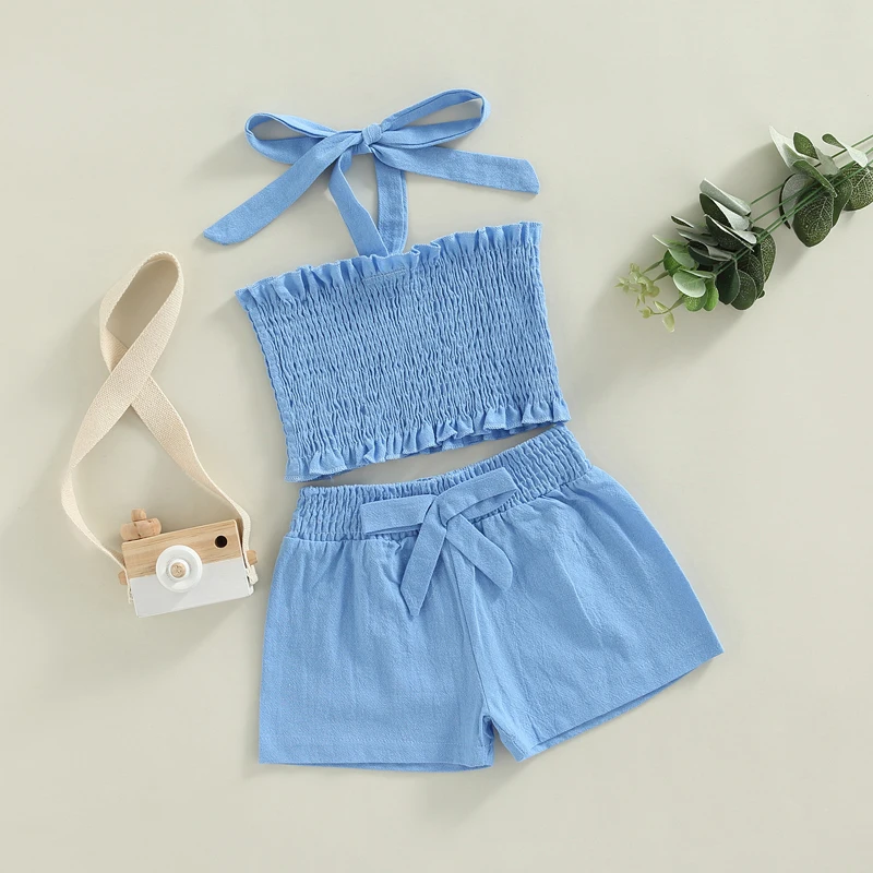 

Комплект летней одежды для маленьких девочек, однотонный укороченный топ без рукавов, с лямкой на шее и шорты с бантом, штаны, комплект из 2 п...