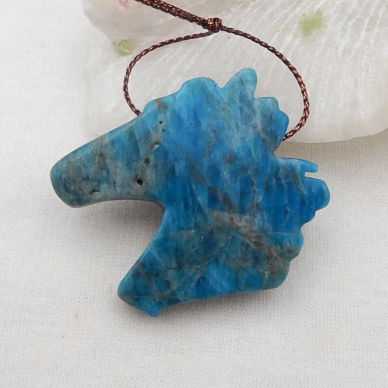 Semiprecious Natural Stone Blue Apatite Crystal Carved Horse Head Pendant Bead 43x38x10mm30gFashion Jewelry Necklace Accessories
