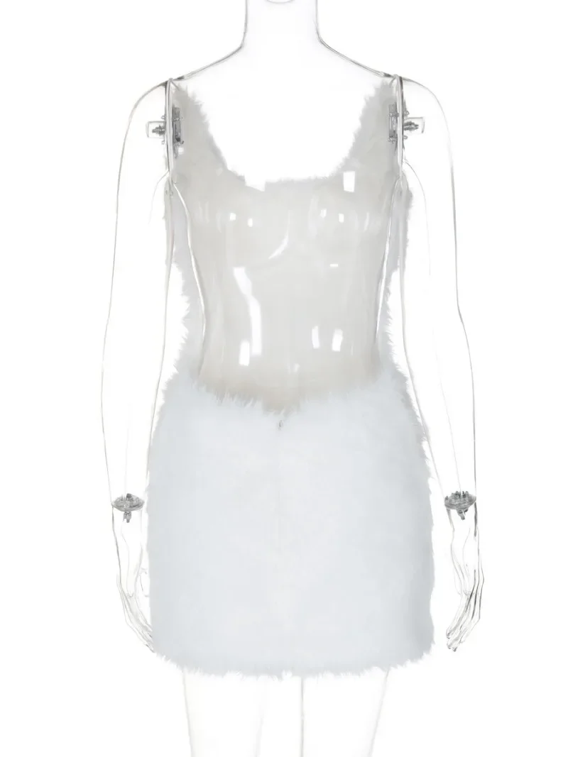 Сексуальное белое мини-платье из искусственного меха с открытой спиной наряд для