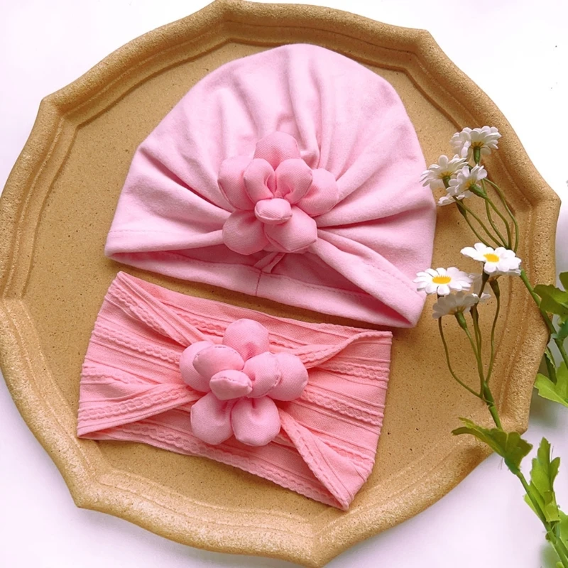 

2Pcs/Set Baby Flower Headband and Hat Lovely Solid Color Infant Headwrap Girls Turban Soft Beanie Cap Hair Accessories