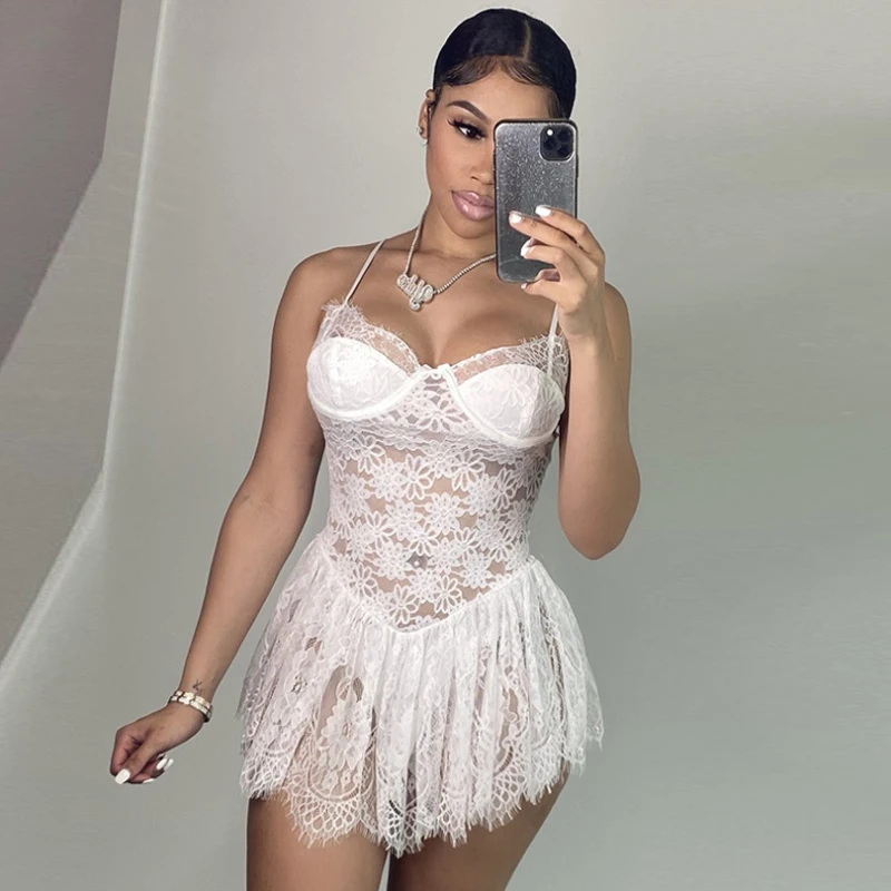 

Club Party Spaghetti Strap Black Lace Mini Dress Summer Sleeveless White Sexy See Through Bodycon Vacation Dresses Black Summer
