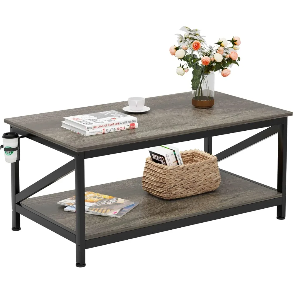 

Кофейный столик COTUBLR с полкой для хранения, серый дубовый 2-Ярусный журнальный столик для фермерского дома, столик для гостиной, центральный столик для