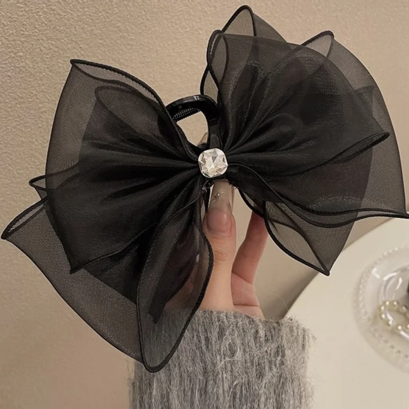 

Women Retro Diamond Black Bow Grip Clip Ponytail Braid Elegant Hair Clip Mesh Hair Claw Clip Fashion Hair Card Hair Accessories