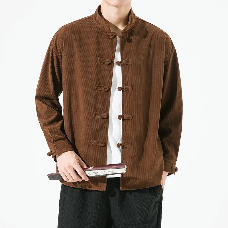

Chinese Style Men's Solid Color Shirts Corduroy Long Sleeve Blouses Clothes Stand Collar Autumn Vintage Male Cardigan