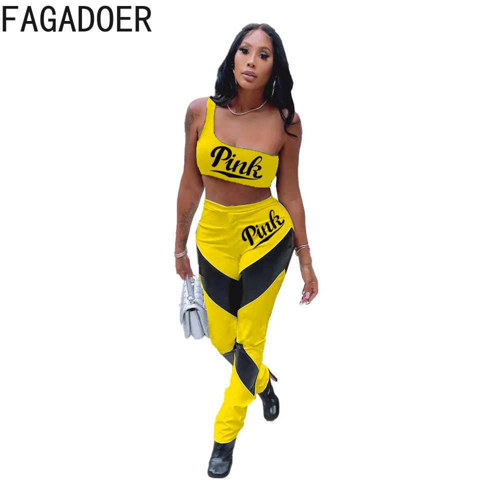 FAGADOER Sexy One Shoulder PINK Letter Print Crop Top And Jogger Pants Two Piece Set Casual Patchwork Sport 2pcs Outfits Fitness