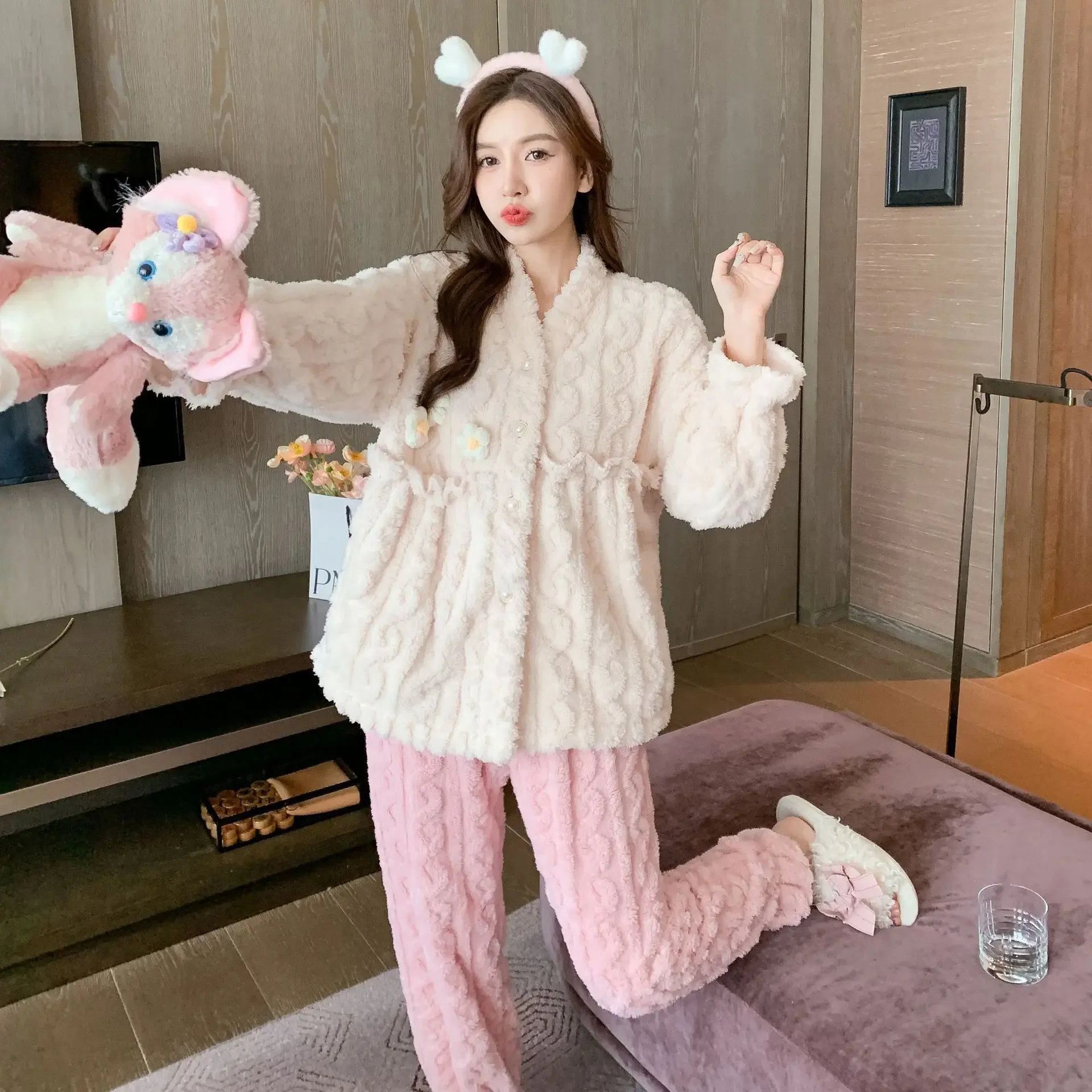 Новый Зимний вязаный кардиган жаккардовая флисовая женская одежда для сна с