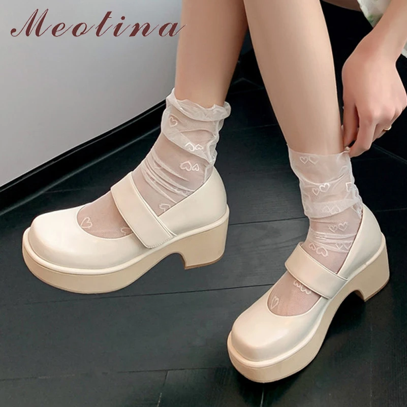 

Meotina Women Genuine Leather Mary Janes Round Toe Platform Block High Heels Pumps Ladies Fashion Shallow Shoes Spring Summer