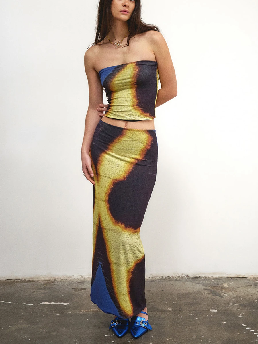 

Женский летний комплект из 2 предметов, укороченная эластичная длинная юбка-бандо с принтом в стиле Tie-Dye, одежда для отпуска