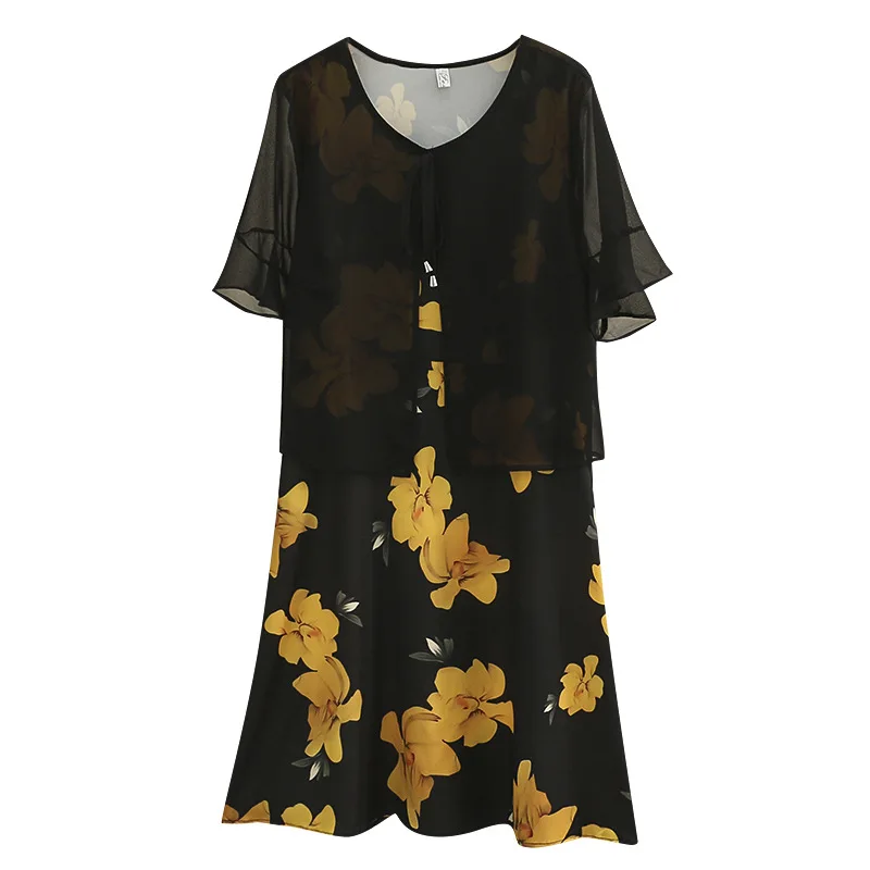 

Plus Size Dresses For Women Clothes Fashion Flower Print Female Dress Casual Chiffon V-Neck Short Sleeve Curve Dress Summer 2022