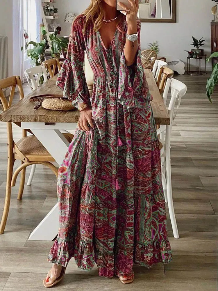 Women Bohemian Beach Maxi Dress Spring Summer Casual V-Neck Long Sleeve Dresses Female Vintage Floral Print Long Dress Vestidos images - 6