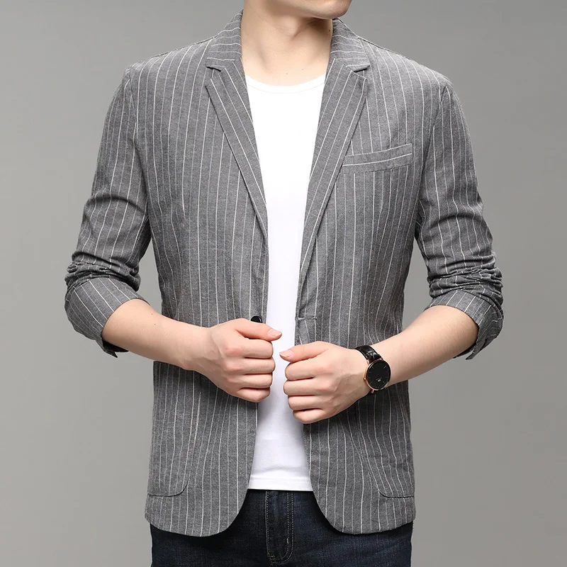 

Spring and Autumn Thin Linen Suit Jacket Men's Single Western Autumn Cotton and Linen Suit Slim Striped Jacket