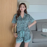 new silk pajamas for women two piece set summer satin pyjamas short sleeve leopard buttons soft loose sleepwear set nightwear