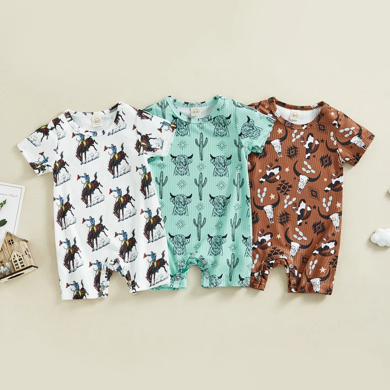 

2023-02-22 Lioraitiin 0-18M Infant Baby Boys Summer Jumpsuit Short Sleeve O Neck Cattle Head Print Loose Playsuit