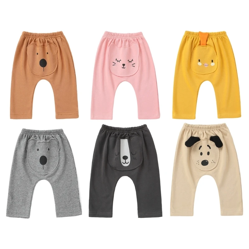 

C5AA Soft and Comfortable Baby PP Pants Cartoon Elastic Band Pants High Waist Long Trousers Solid Color Toddlers Leggings