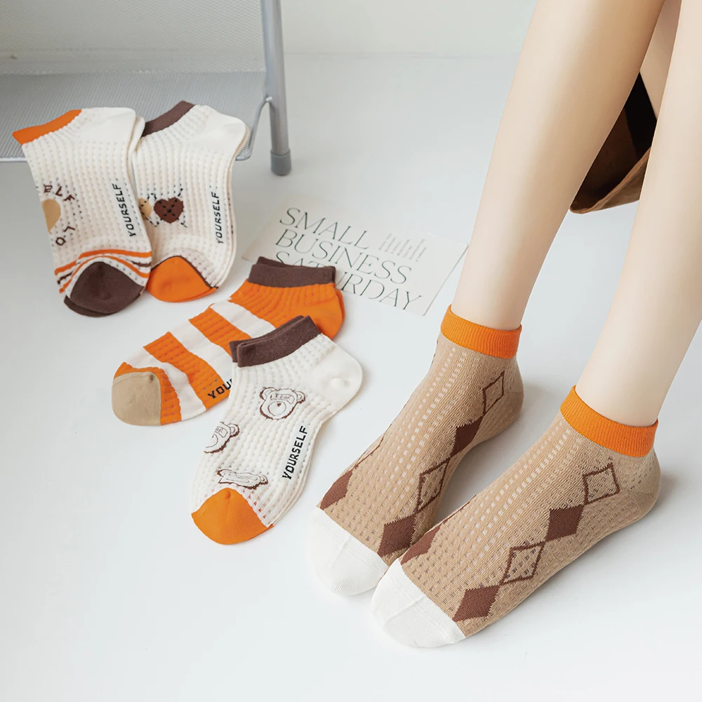 

New Spring/Summer Women's Socks Orange Stripes Love Heart Cotton Large Mesh Ultra Thin Breathable Sports Cute Cartoon Boat Socks