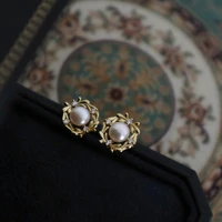 925 sterling silver 14k gold plated stud earrings vintage pearl flower micro set zircon earrings for women wedding accessories
