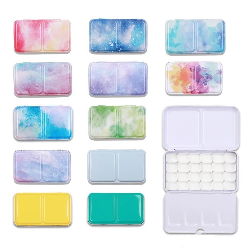 Color Empty Palette Case Tins Box Paint Storage Iron Box with 24 Half Pans For Watercolor Paints Painting Art Supplies