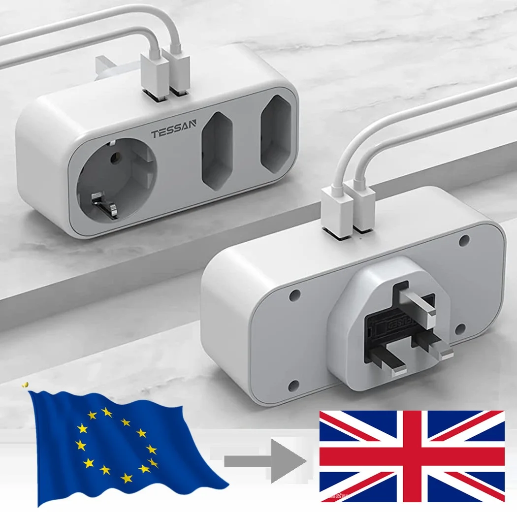 

TESSAN EU Europe to England Travel Adapter with 3 AC Socket & 2 USB Ports (2.4A), 5 in 1 Wall USB Charger with UK Plugs (Type G)