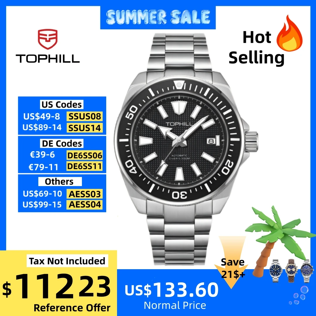 Фото Мужские часы для дайвинга TOPHILL NH35, 43,8 мм, автоматические, с алюминиевым безелем, циферблатом с вафельным узором, водонепроницаемостью 300 м, люминесцентным покрытием C3, модель TD008G №1