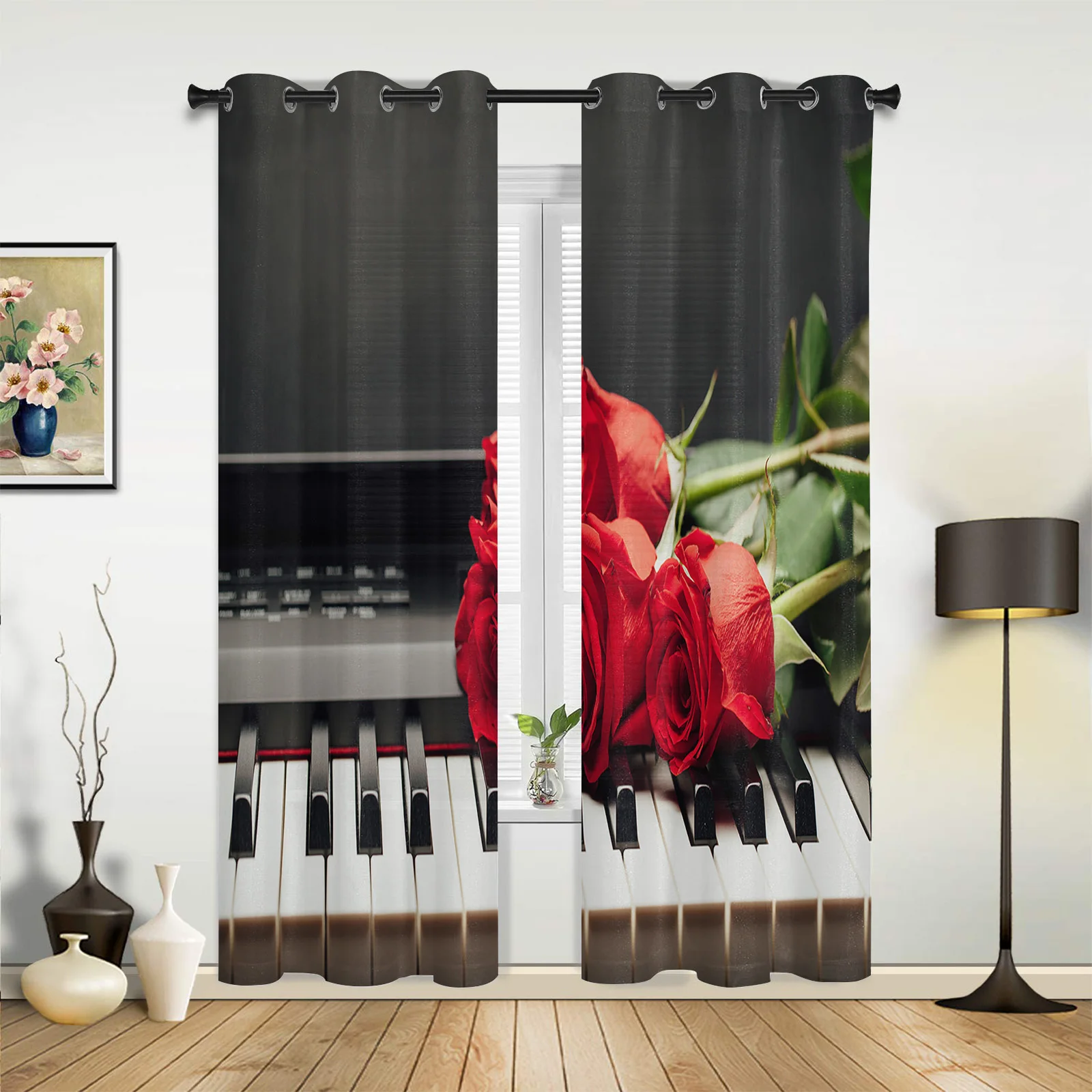

Piano Music Red Rose Flower Curtains for Bedroom Living Room Drapes Kitchen Children's Room Window Curtain Modern Home Decor