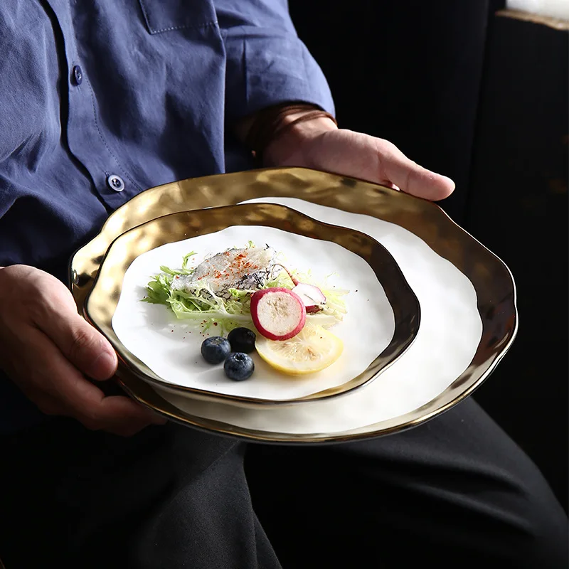 

Позолоченная тарелка для западных блюд, 8, 10, керамическая тарелка дюймовая, тарелка для фруктов, салатов, суши, посуда, десертный поднос, набор посуды