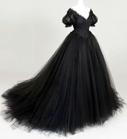 vintage black gothic wedding dress v neck short sleeve long tulle princess bridal gown lace a line bride formal reception dress