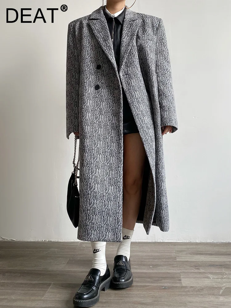 

DEAT Fashion Women's Woolen Coat Notched Collar Loose Single Breasted Full Sleeve Belt Striped Overcoat Winter 2023 New 17A5199