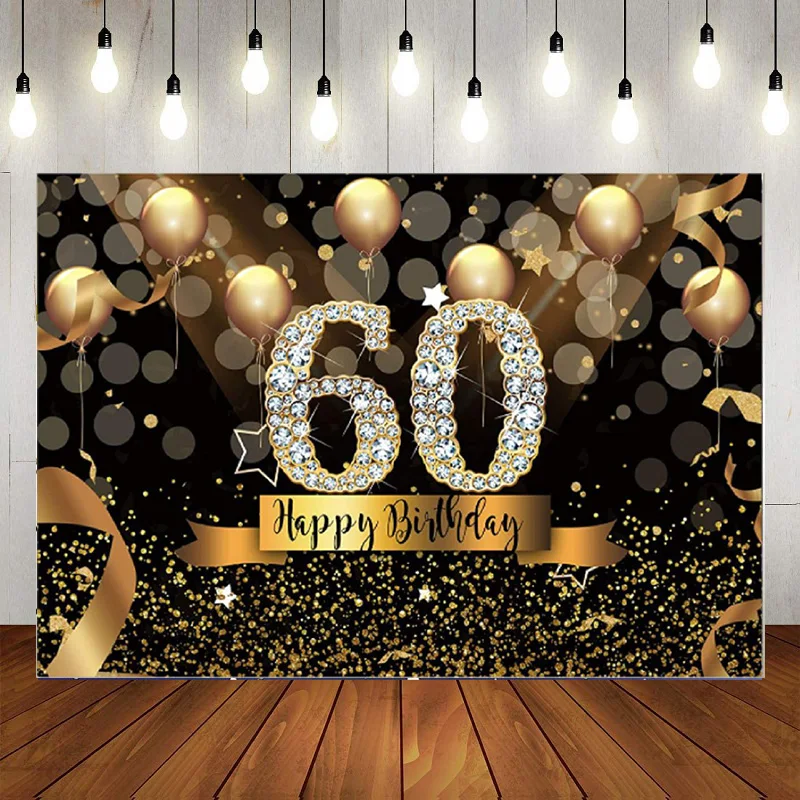 

Happy 60th Birthday Party Sixty Photography Backdrop Navy Blue Gold Balloon Men Background Glitter Diamonds 60th Banner Decor