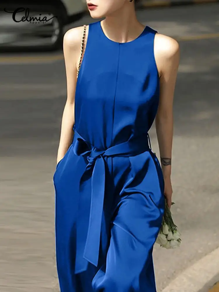 

Women Long Jumpsuits Celmia Fashion Sleeveless Elegant Satin Round Neck Waisted Wide Leg Pant Streetwear Belted Party Ropmers