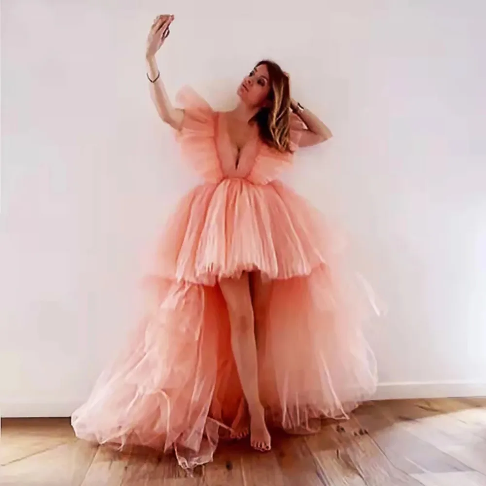 

Orange High Low Prom Dresses 2022 Short Puffy Tulle V Neck Floor Length Evening Gowns Girls Party Formal Gown