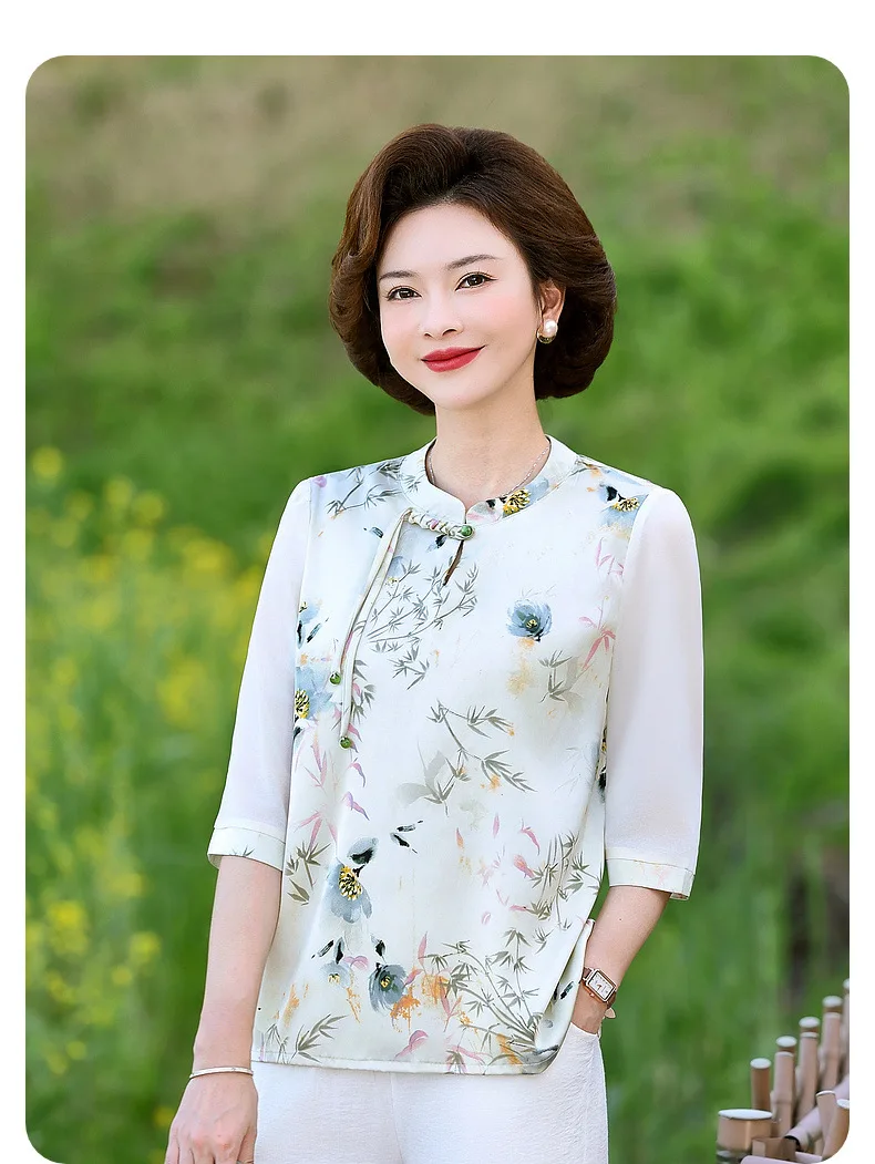 Женская шифоновая футболка в китайском стиле с принтом лягушки и средним рукавом