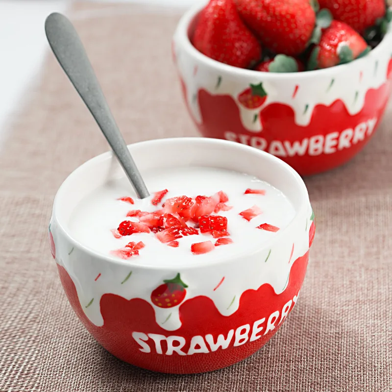 Ins Cute Strawberry Yogurt  Dessert Fruit Bowl Salad Ceramic Rice Bowl Oatmeal Breakfast Bowls Christmas Decor Tableware