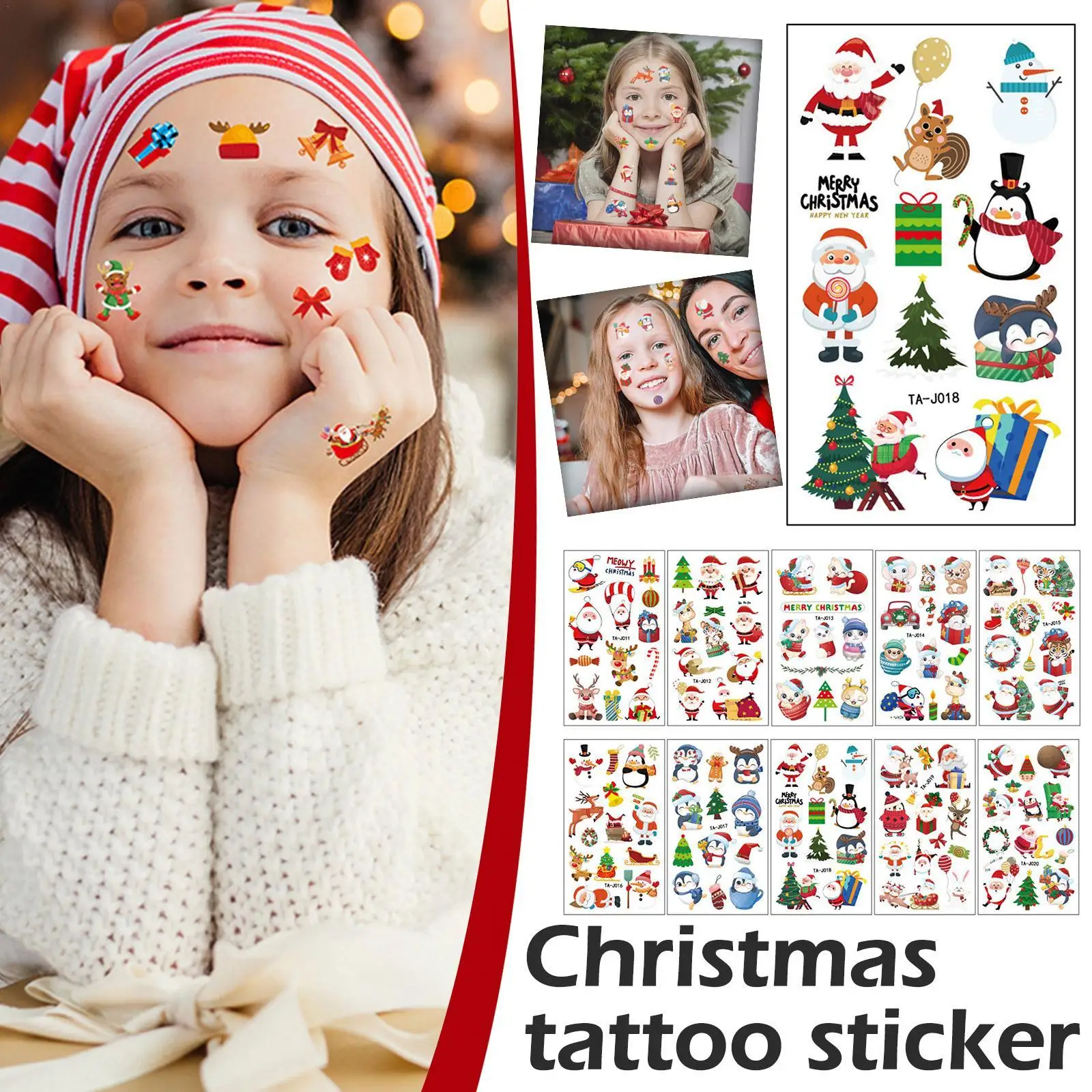 

10pcs Cartoon Christmas Elk Temporary Fake Tattoo Stickers Ghost Santa Claus Children Tattoos for Kid Winter Elements Waterproof