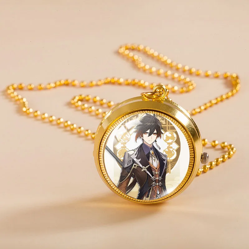 

Genshin Impact Pocket Watch Anime Figure Hutao Zhongli Xiao Necklace Gold Color Vintage Watch Glass Dome Pendant Jewelry Gifts